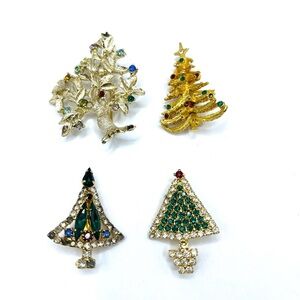 Gold and Green Red Rhinestone Vintage Christmas Tree Brooches 4 Christmas Trees